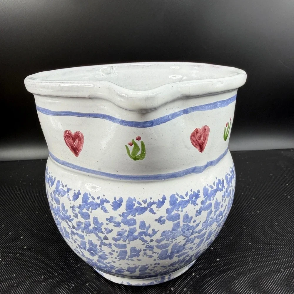 Vintage MM Portugal Hand Painted Terracotta Pitcher Blue‎ Sponge Heart Folk Art